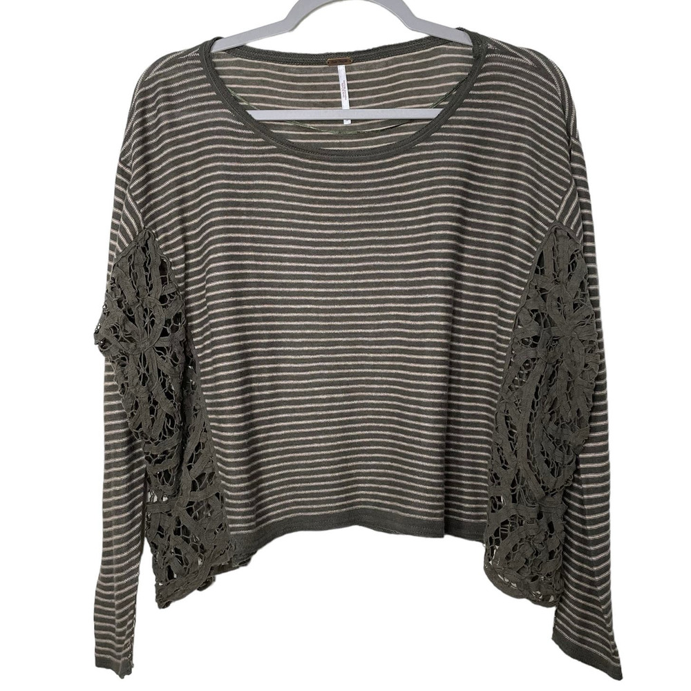 Free People Womens Olive Green Stripe Long Sleeve Lace Crop Oversize Top Size XS